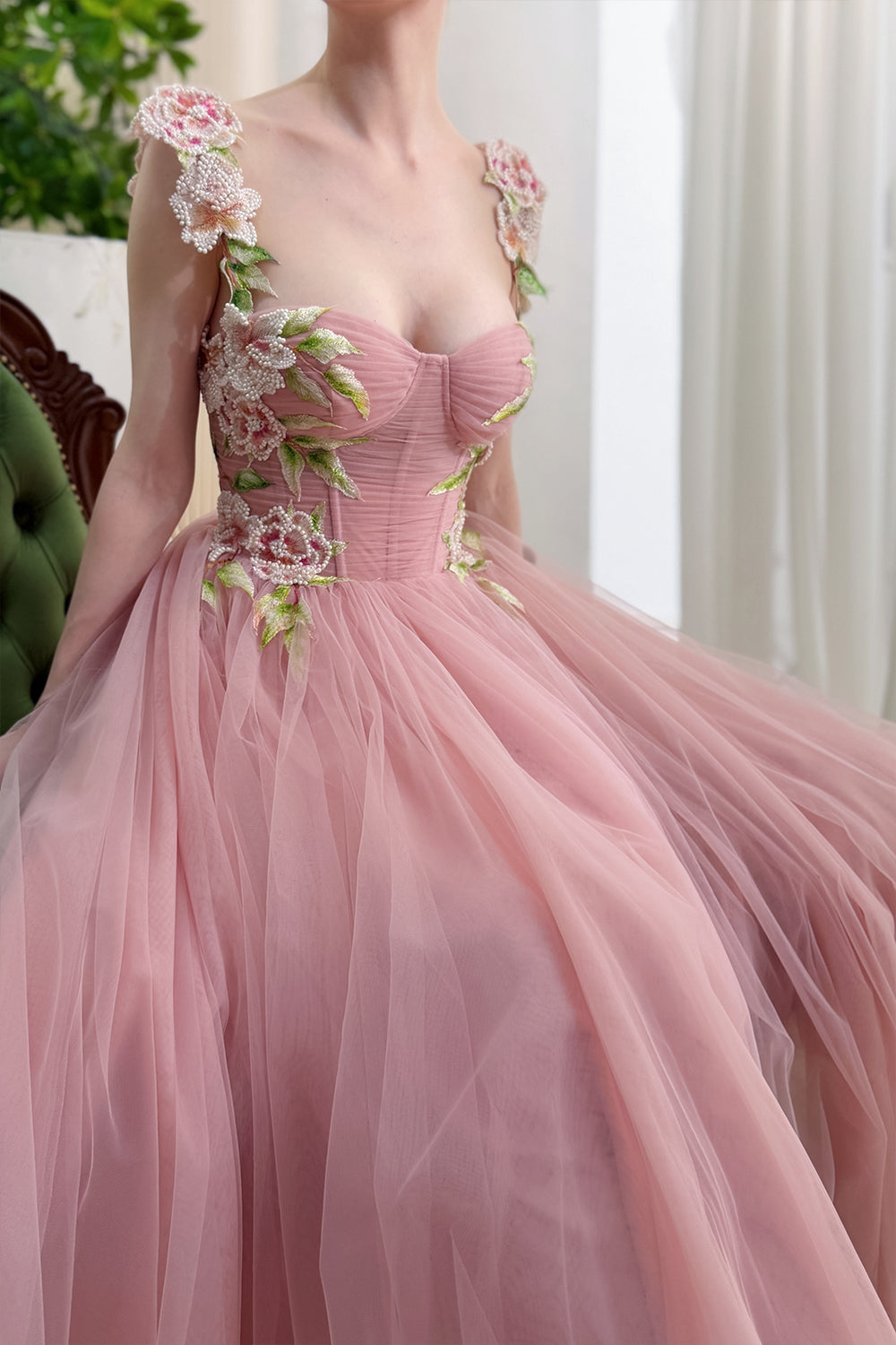Blush Pink 3D Floral Applique Corset Tulle Midi Dress with Lace Up Back