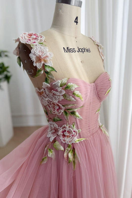 Blush sweetheart corset bodice featuring pearl floral applique straps, pleated tulle skirt for garden prom portraits, dreamy.