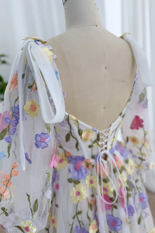 Pastel Floral Embroidered Ivory Tulle Corset Gown with Removable Sheer Bishop Sleeves