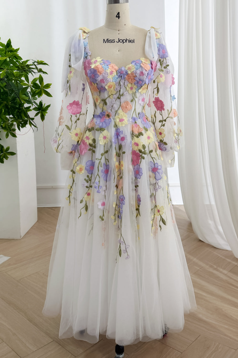 Pastel Floral Embroidered Ivory Tulle Corset Gown with Removable Sheer Bishop Sleeves
