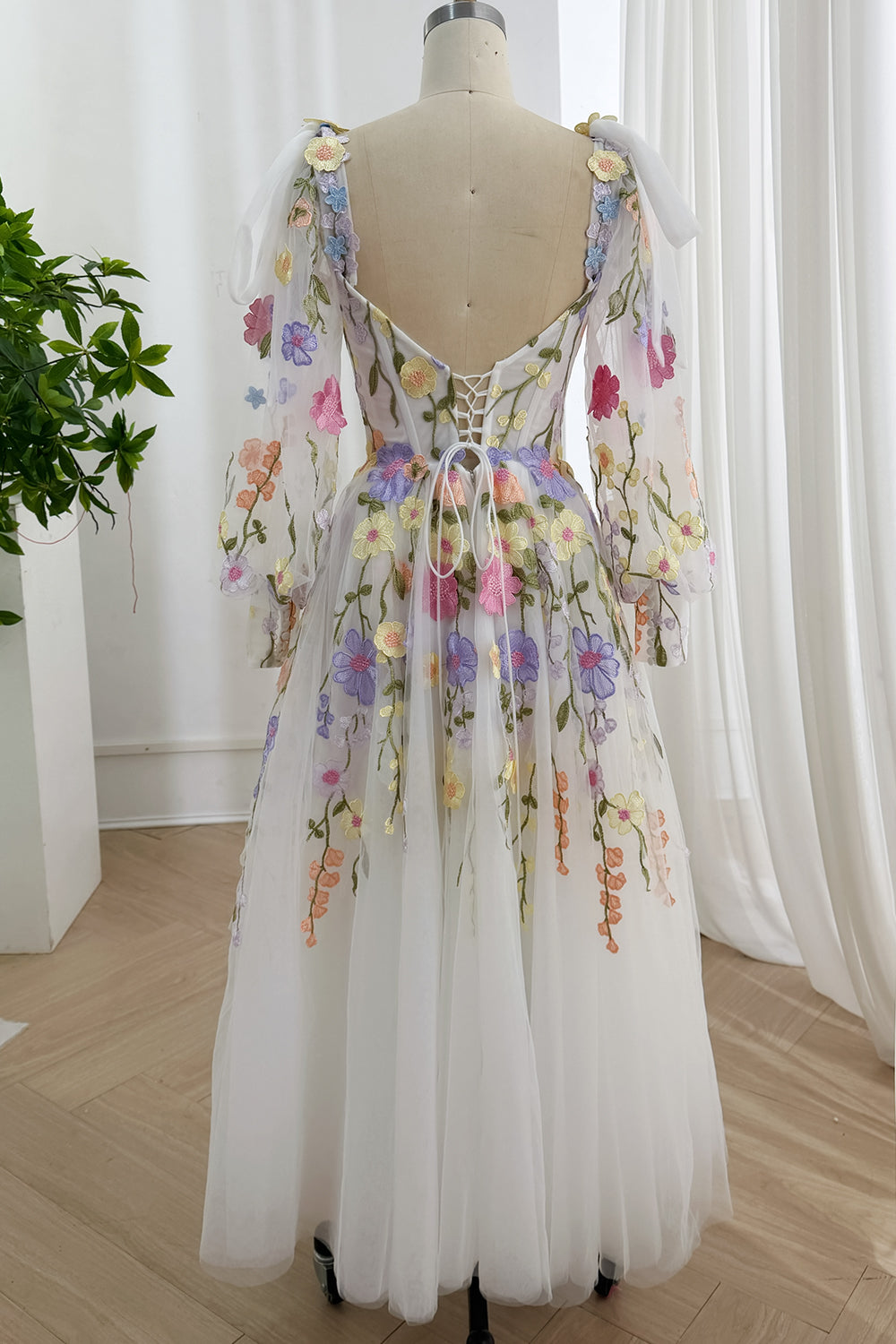 Pastel Floral Embroidered Ivory Tulle Corset Gown with Removable Sheer Bishop Sleeves