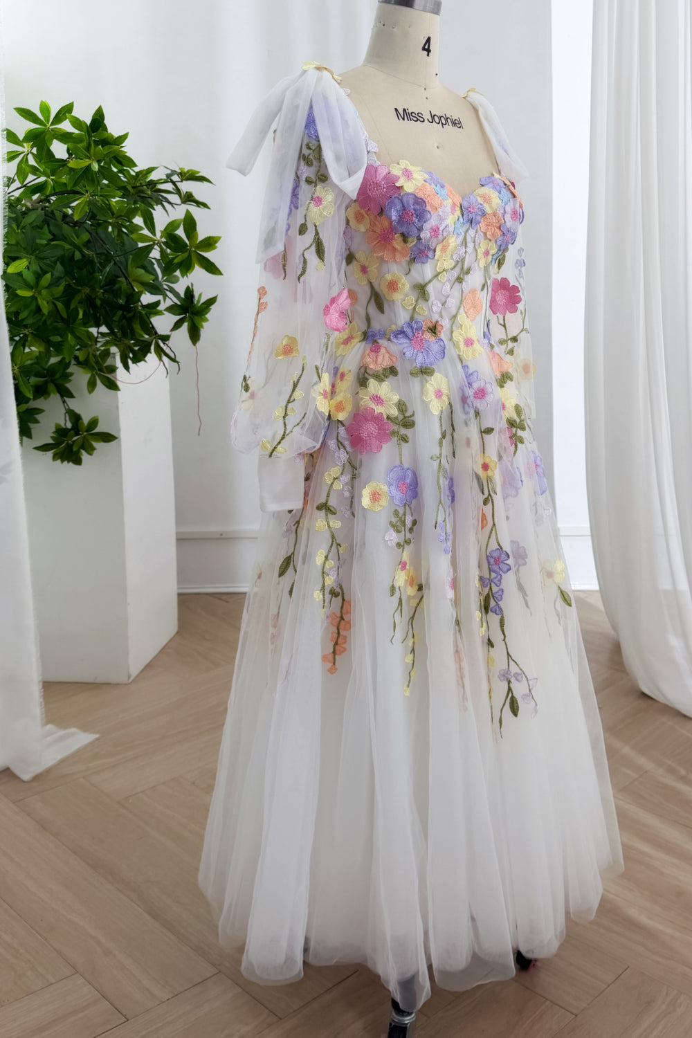 Pastel Floral Embroidered Ivory Tulle Corset Gown with Removable Sheer Bishop Sleeves