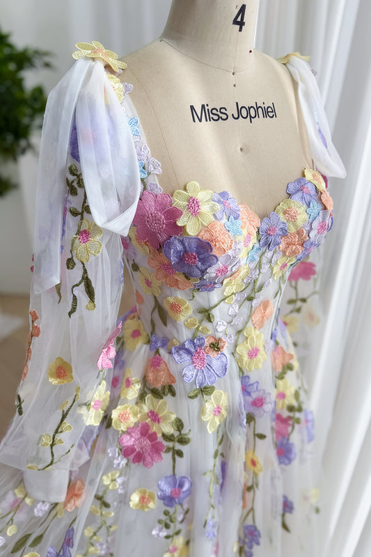 Pastel Floral Embroidered Ivory Tulle Corset Gown with Removable Sheer Bishop Sleeves
