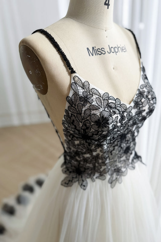 Ivory Tulle A-Line Dress with Black Floral Lace Appliqué and Spaghetti Straps with Train
