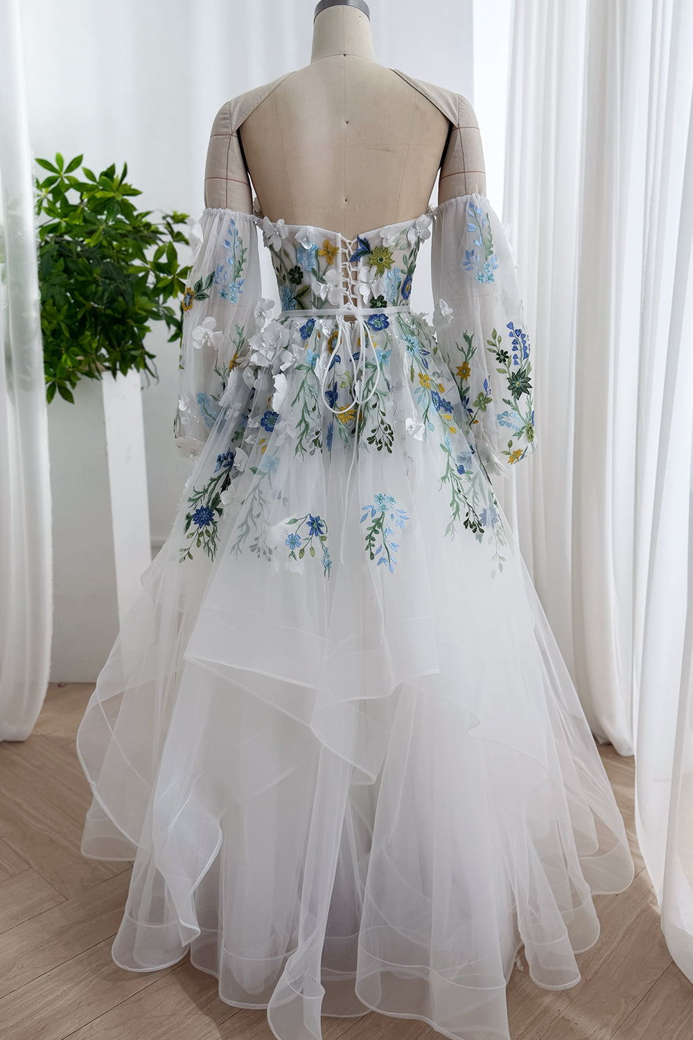 Ivory Floral Embroidered Tulle Wedding Gown with Cascading Ruffle Skirt