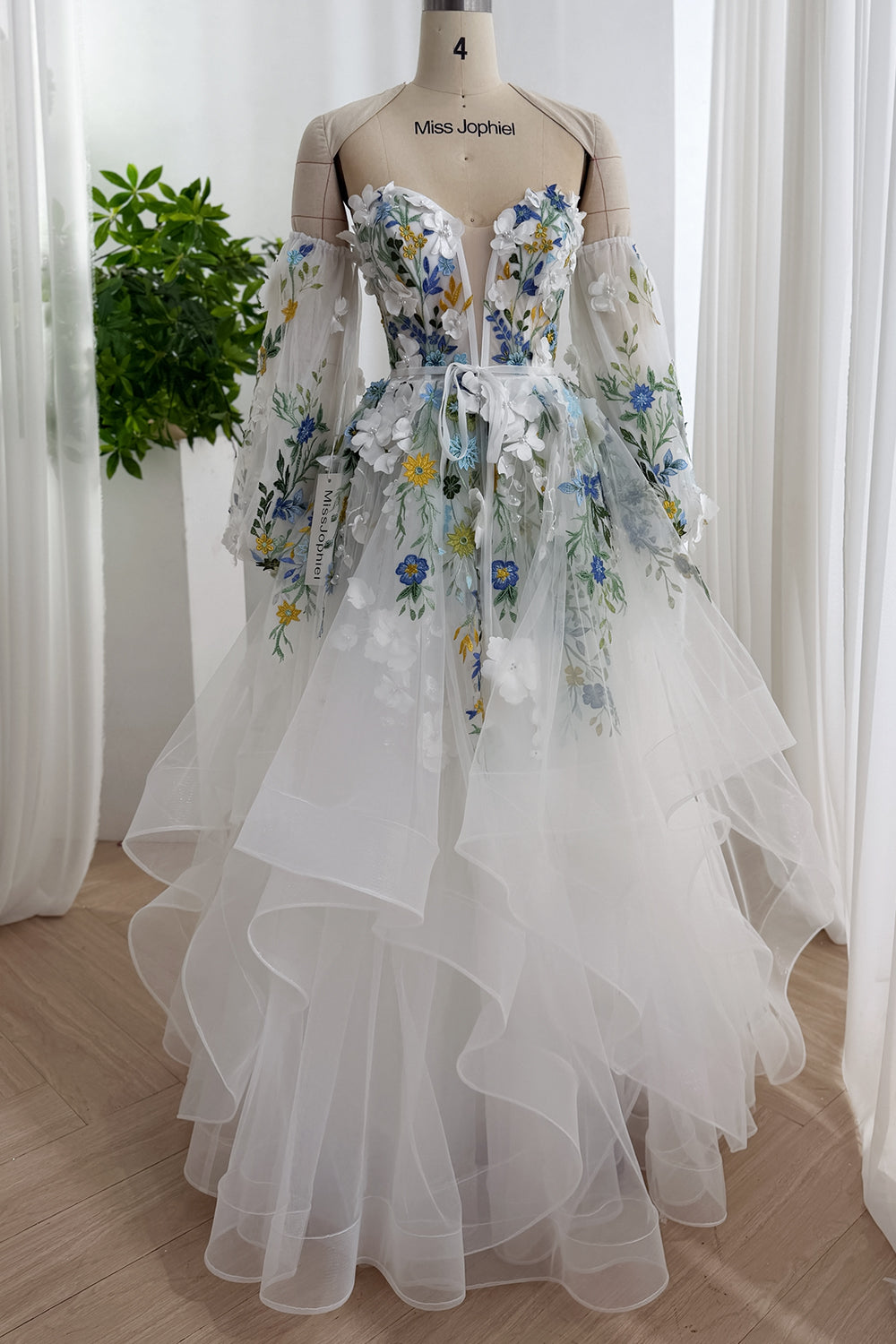 Ivory Floral Embroidered Tulle Wedding Gown with Cascading Ruffle Skirt