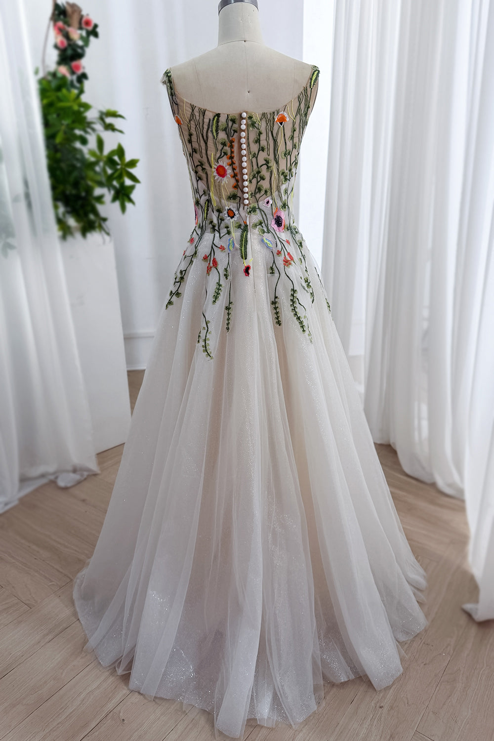 Ivory Botanical Embroidered Tulle Wedding Dress with Colorful Wildflowers