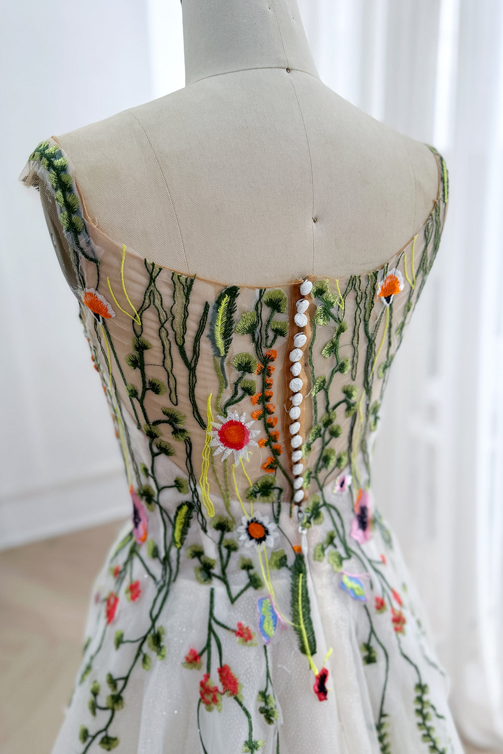 wedding dresses with green accents Ivory Botanical Embroidered Tulle Wedding Dress Custom Color / Above Knee / US14
