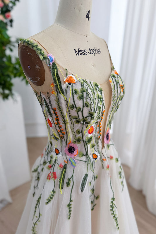 Closeup botanical corset gown featuring sheer nude mesh, wildflower stitching, white tulle layers, couture studio neckline 3D