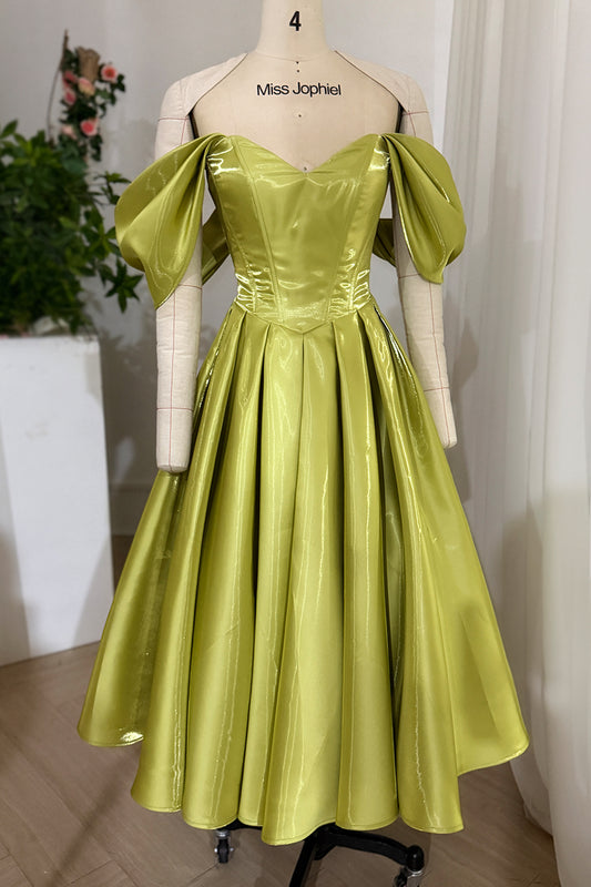 Chartreuse glossy corset midi gown featuring sweetheart bodice draped sleeves full pleated skirt displayed frontview