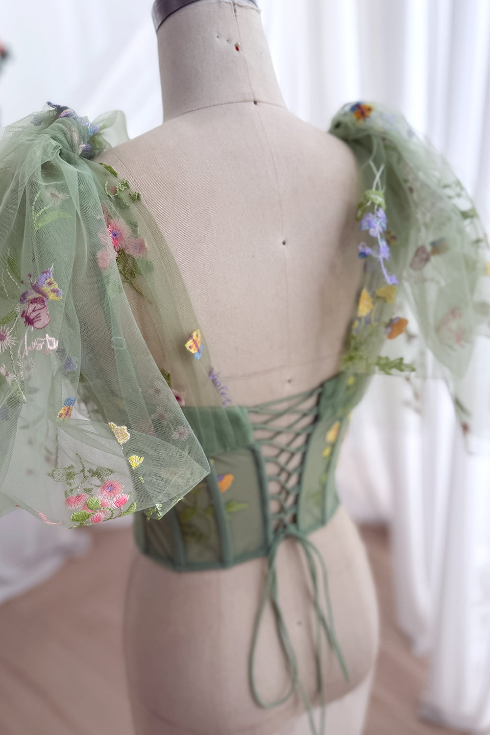 Sage Green Floral Embroidered Corset Top with Draped Tulle Sashes