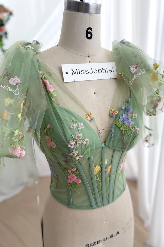 Sage Green Floral Embroidered Corset Top with Draped Tulle Sashes
