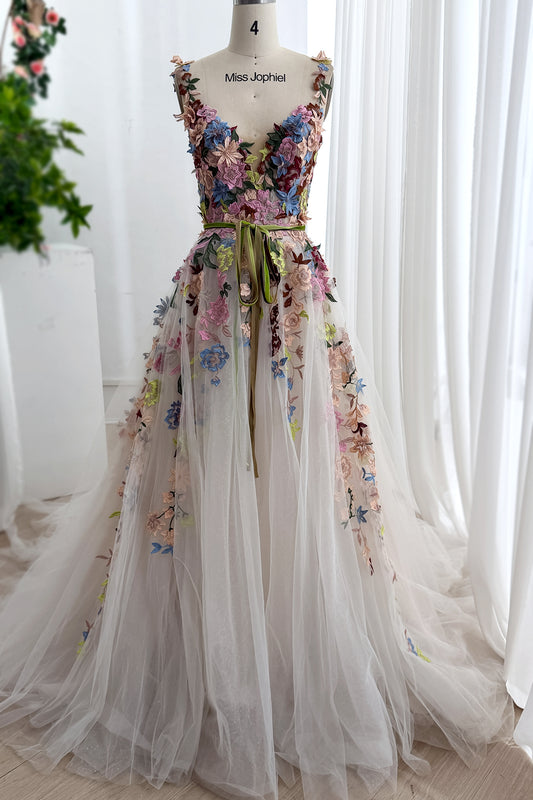Colorful Floral Embroidered Glitter Tulle Wedding Dress with Deep V Neck