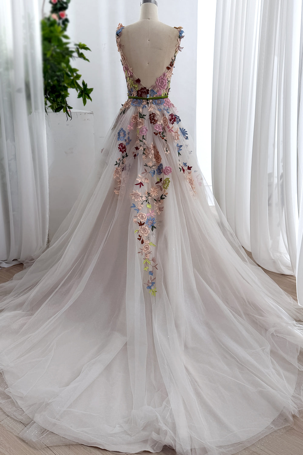 Colorful Floral Embroidered Glitter Tulle Wedding Dress with Deep V Neck