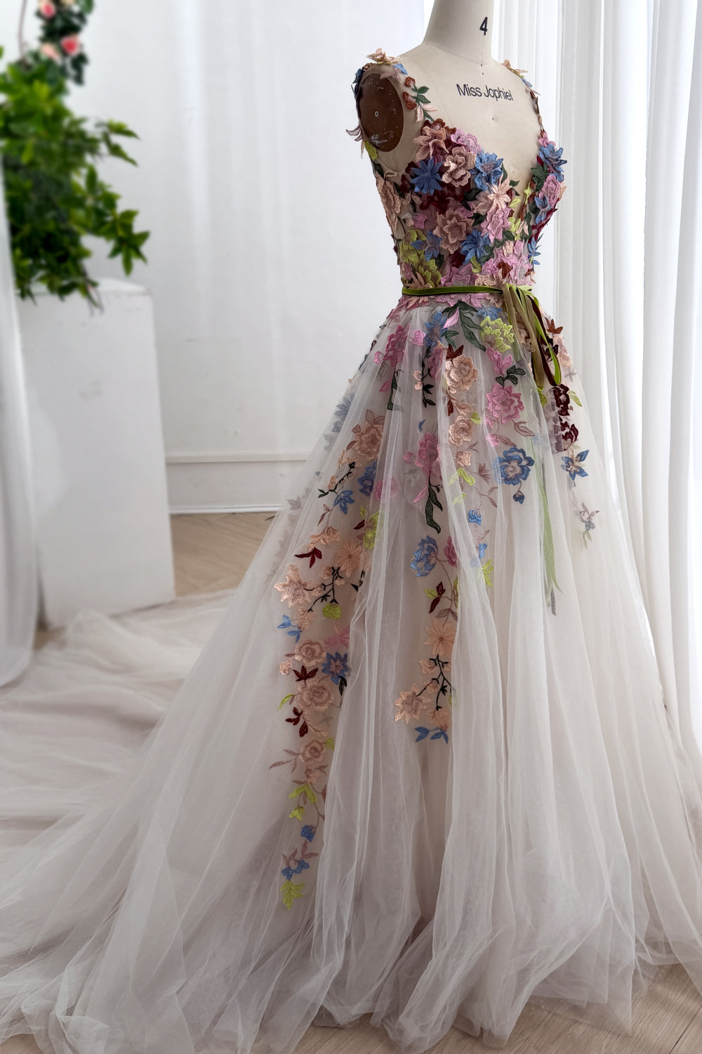 Colorful Floral Embroidered Glitter Tulle Wedding Dress with Deep V Neck