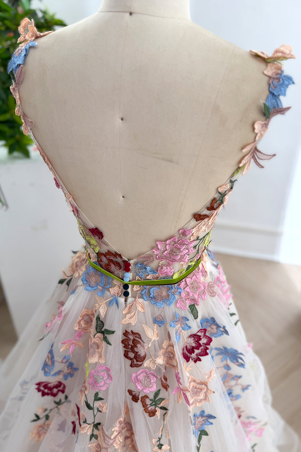 Colorful Floral Embroidered Glitter Tulle Wedding Dress with Deep V Neck