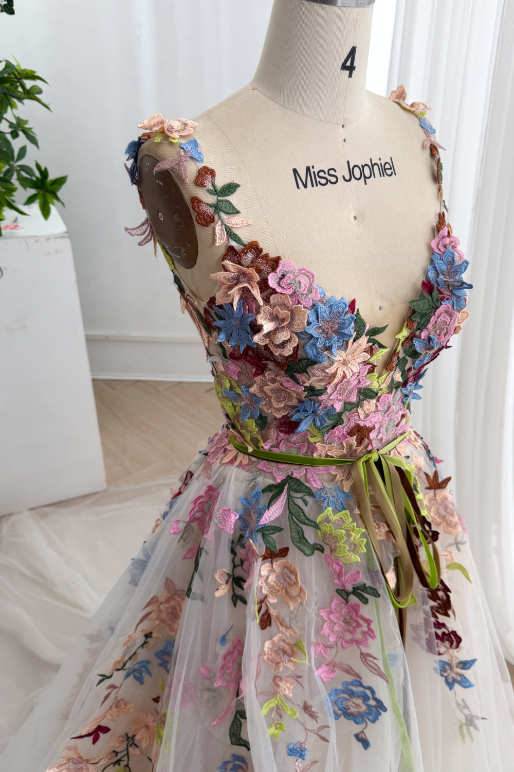 Colorful Floral Embroidered Glitter Tulle Wedding Dress with Deep V Neck