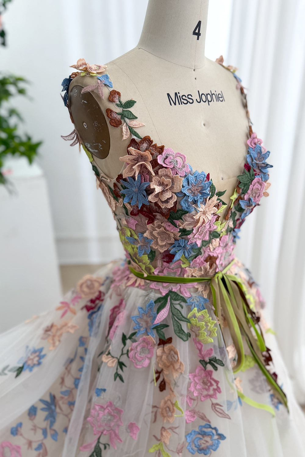 Colorful Floral Embroidered Glitter Tulle Wedding Dress with Deep V Neck