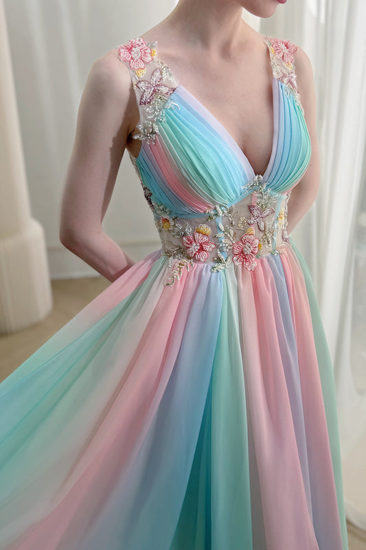 V Neck Pastel Rainbow Chiffon Midi Dress with Floral Beaded Bodice