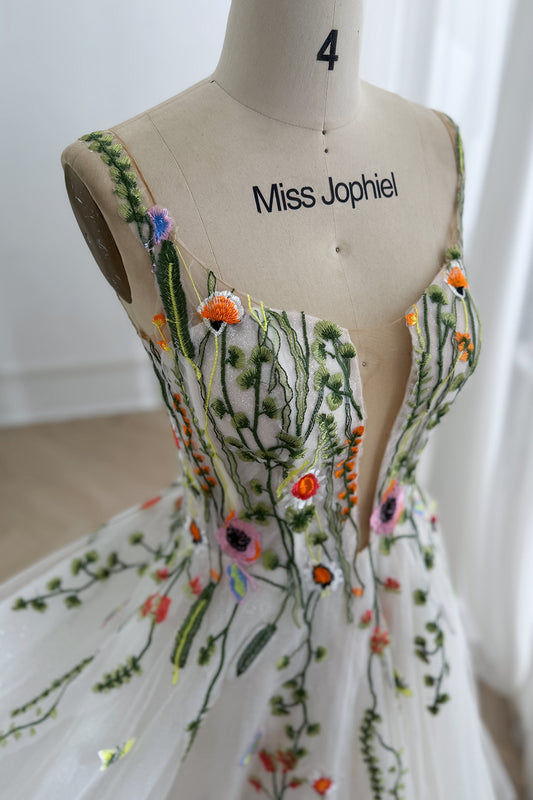 Macro botanical corset featuring sheer plunge neckline colorful garden embroidery on structured straps mannequin detail shot.