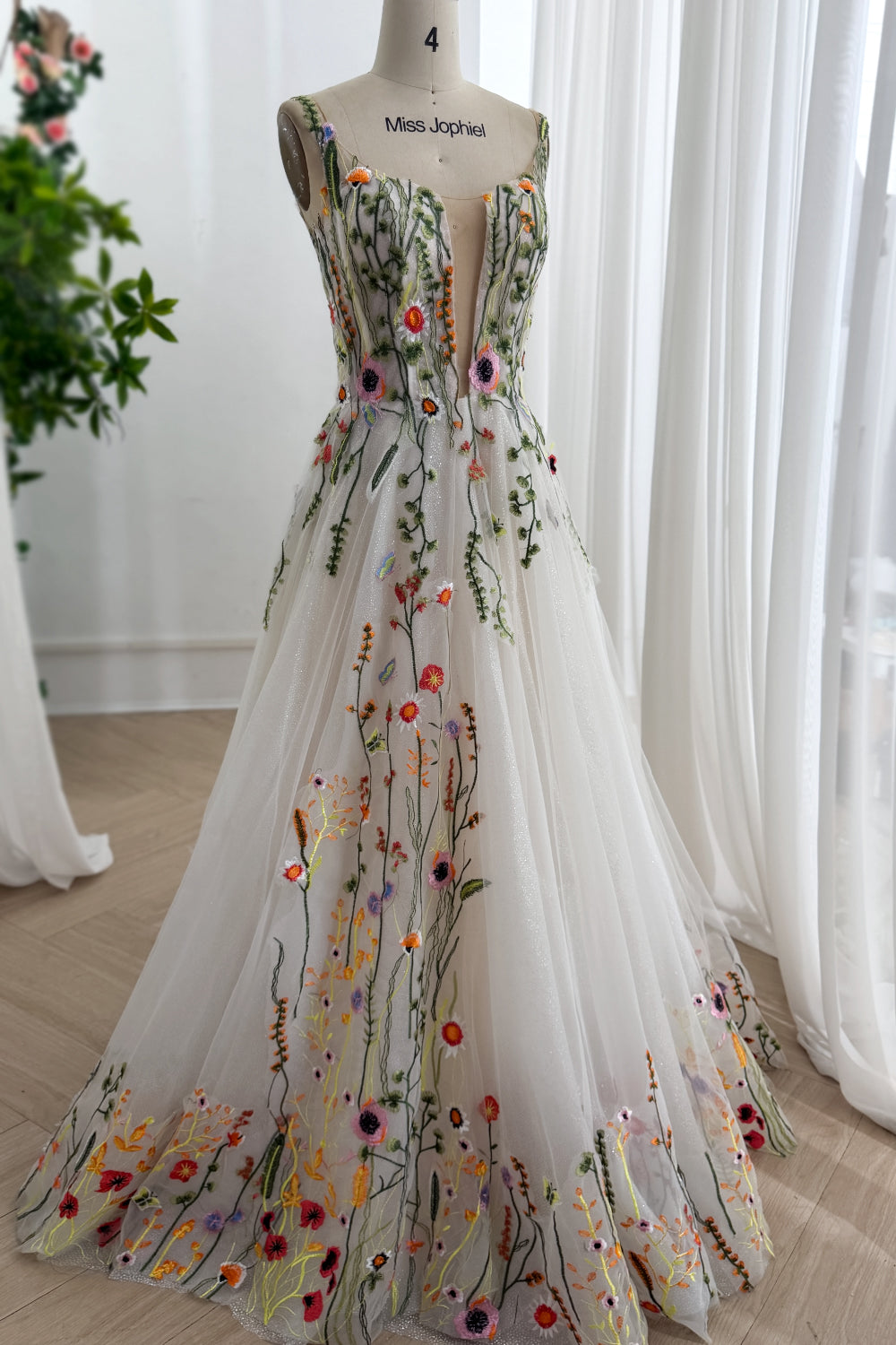 Off the Shouder Wildflower Embroidered Glitter Tulle Wedding Dress Bridal Gown Miss Jophiel Custom Color / Tea Length / US2