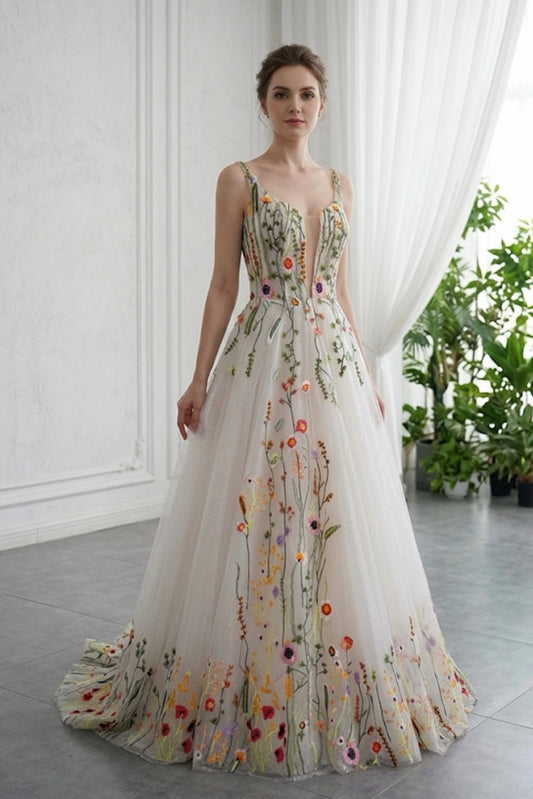 Botanical Wildflower Embroidered Glitter Tulle Wedding Dress