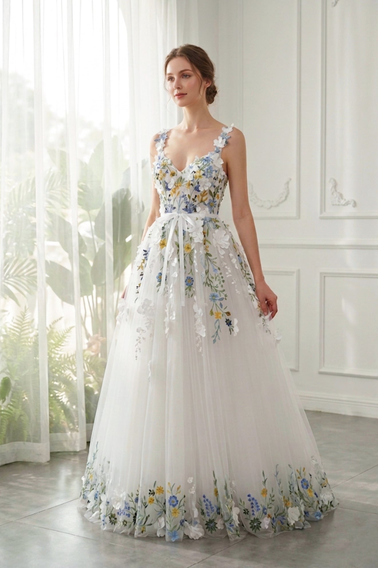 Blue Wildflower Embroidered 3D Floral Tulle A-Line Wedding Dress with Lace-Up Back