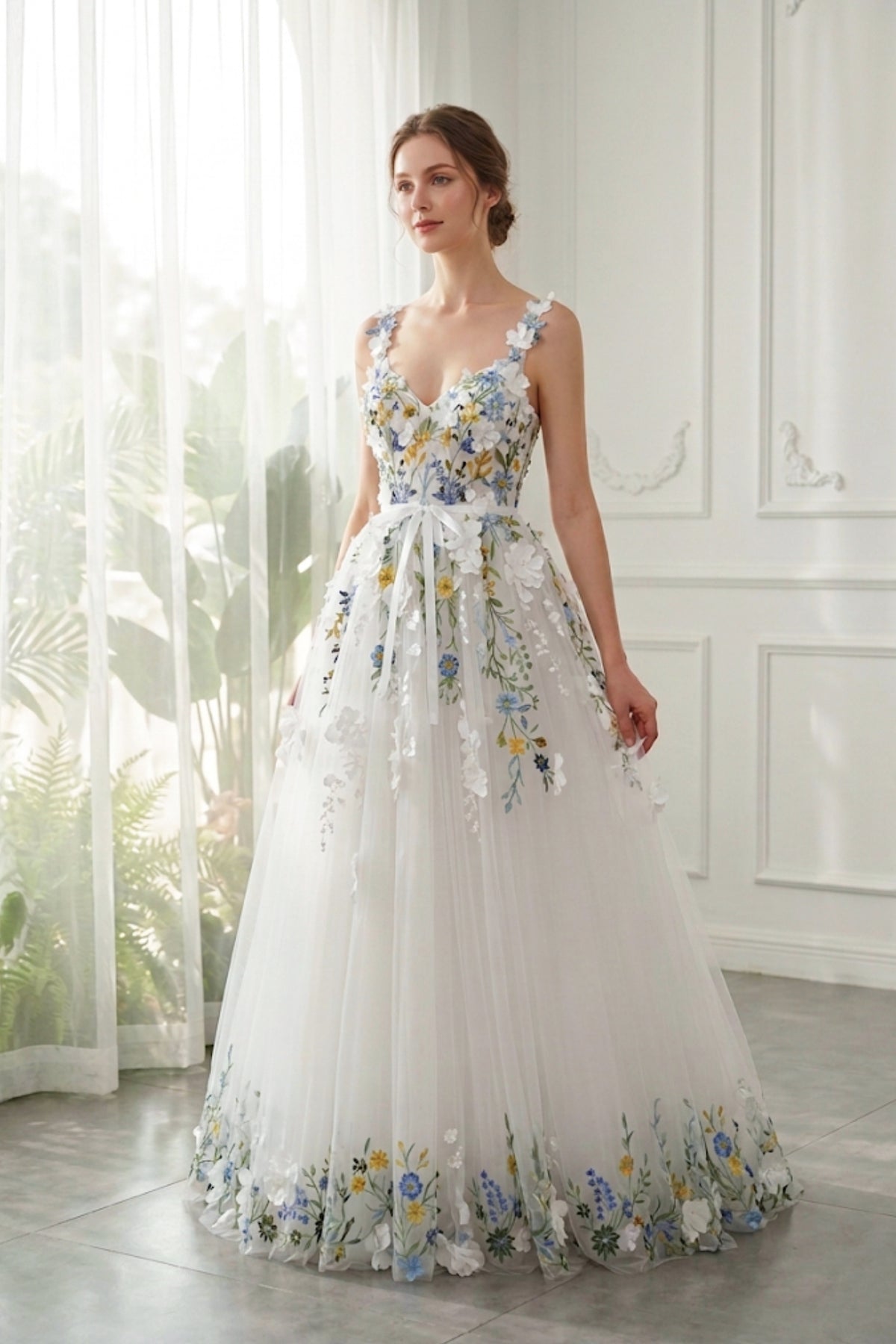 3d flowers on dress V Neck Blue Floral Embroidered Wedding with Bridal Gown Color:Orange w/Flower Free Fabric Color Swatch R6A3002-02X Wedding gown Off Shoulder 5