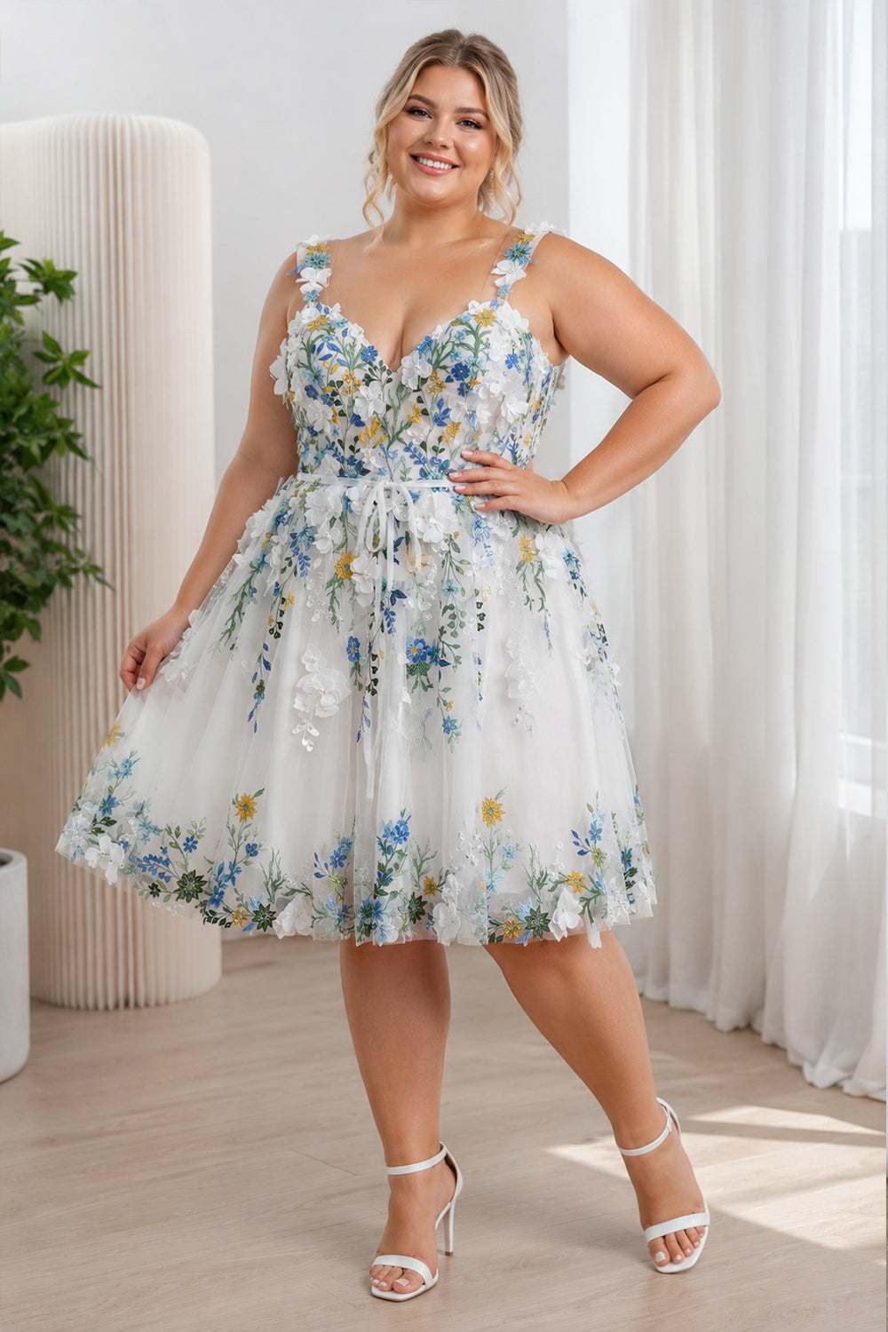 Blue Wildflower Embroidered 3D Floral Tulle A-Line Wedding Dress with Lace-Up Back