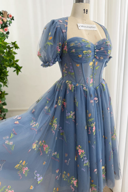Steel Blue Floral Embroidered Tulle Midi Dress with Puff Sleeves