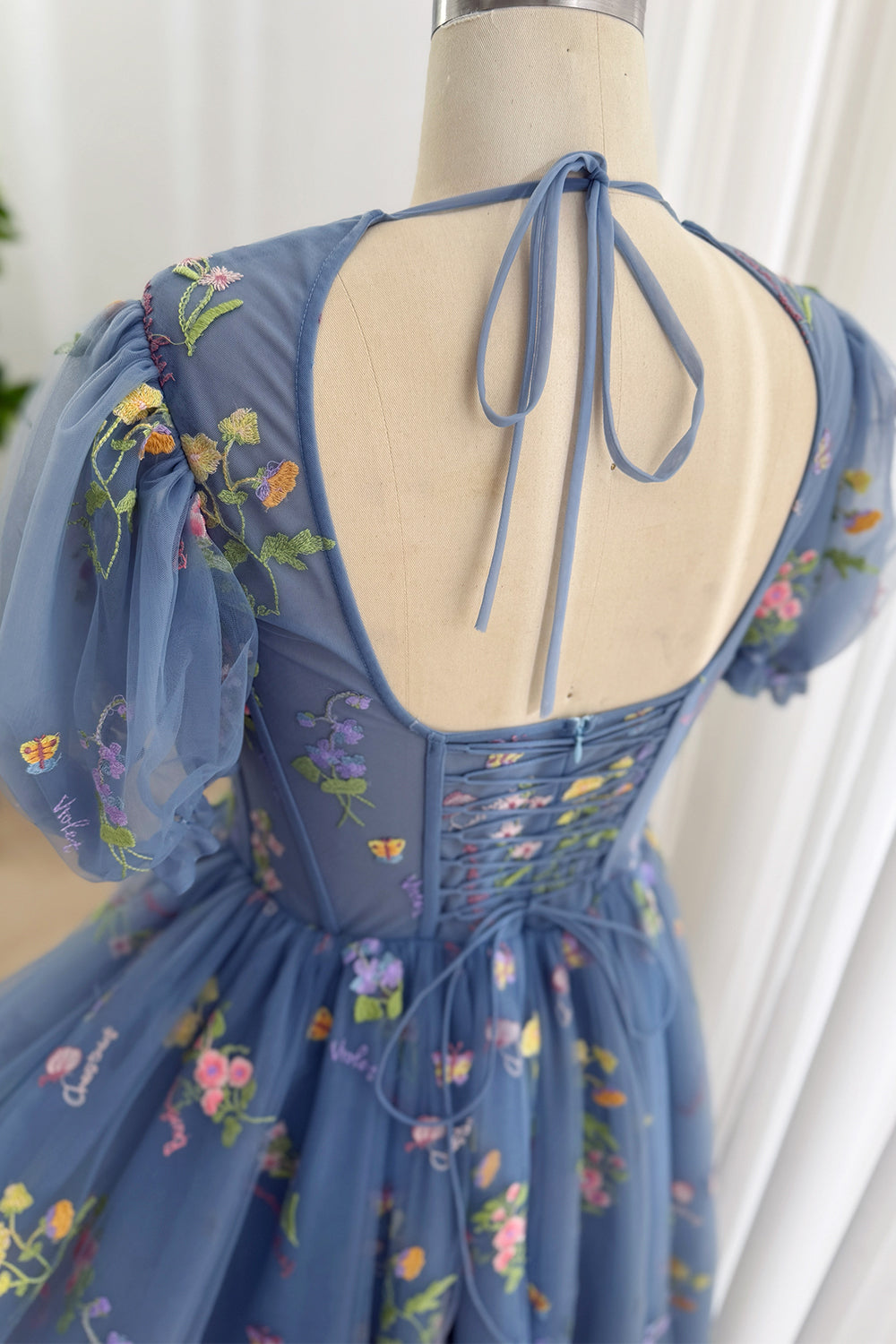 Steel Blue Floral Embroidered Tulle Midi Dress with Puff Sleeves
