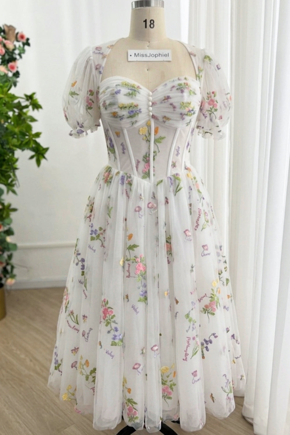 Steel Blue Floral Embroidered Tulle Midi Dress with Puff Sleeves