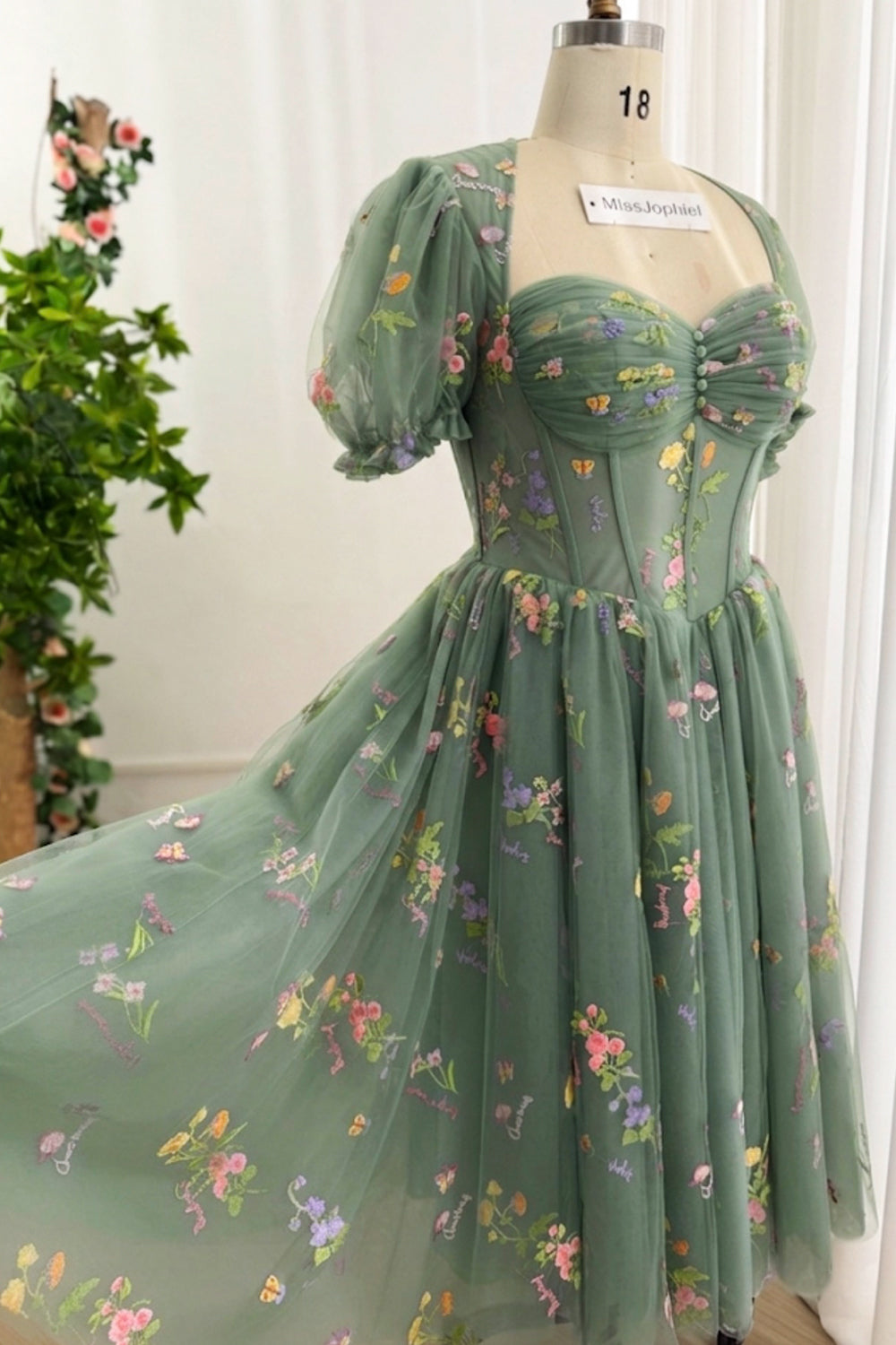 Steel Blue Floral Embroidered Tulle Midi Dress with Puff Sleeves