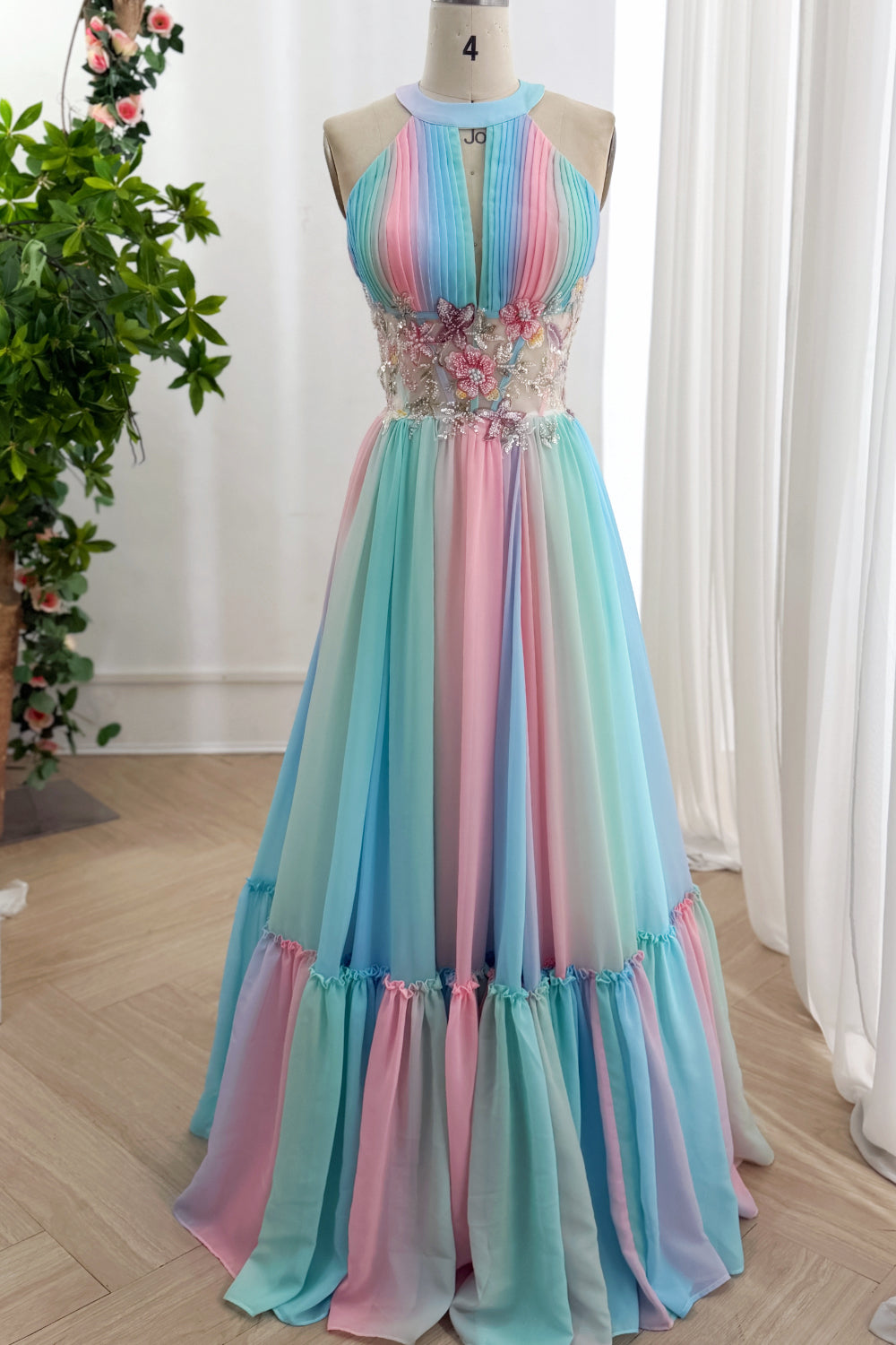 rainbow formal dress Pastel Rainbow Chiffon Halter Prom Dress with Floral Corset – MissJophiel
