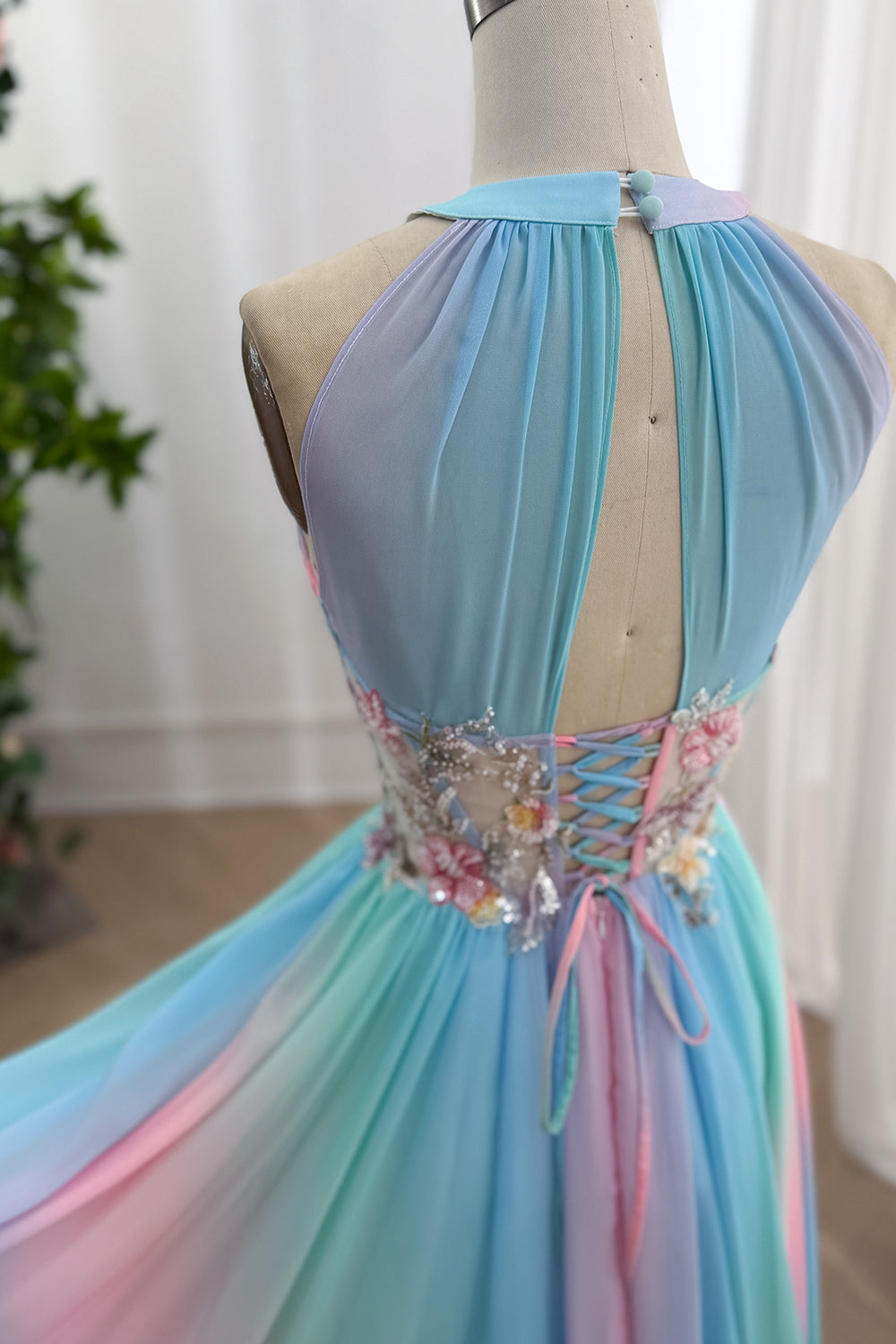 Pastel Rainbow Chiffon Halter Prom Dress with Floral Corset Custom Color / Floor Length / US2