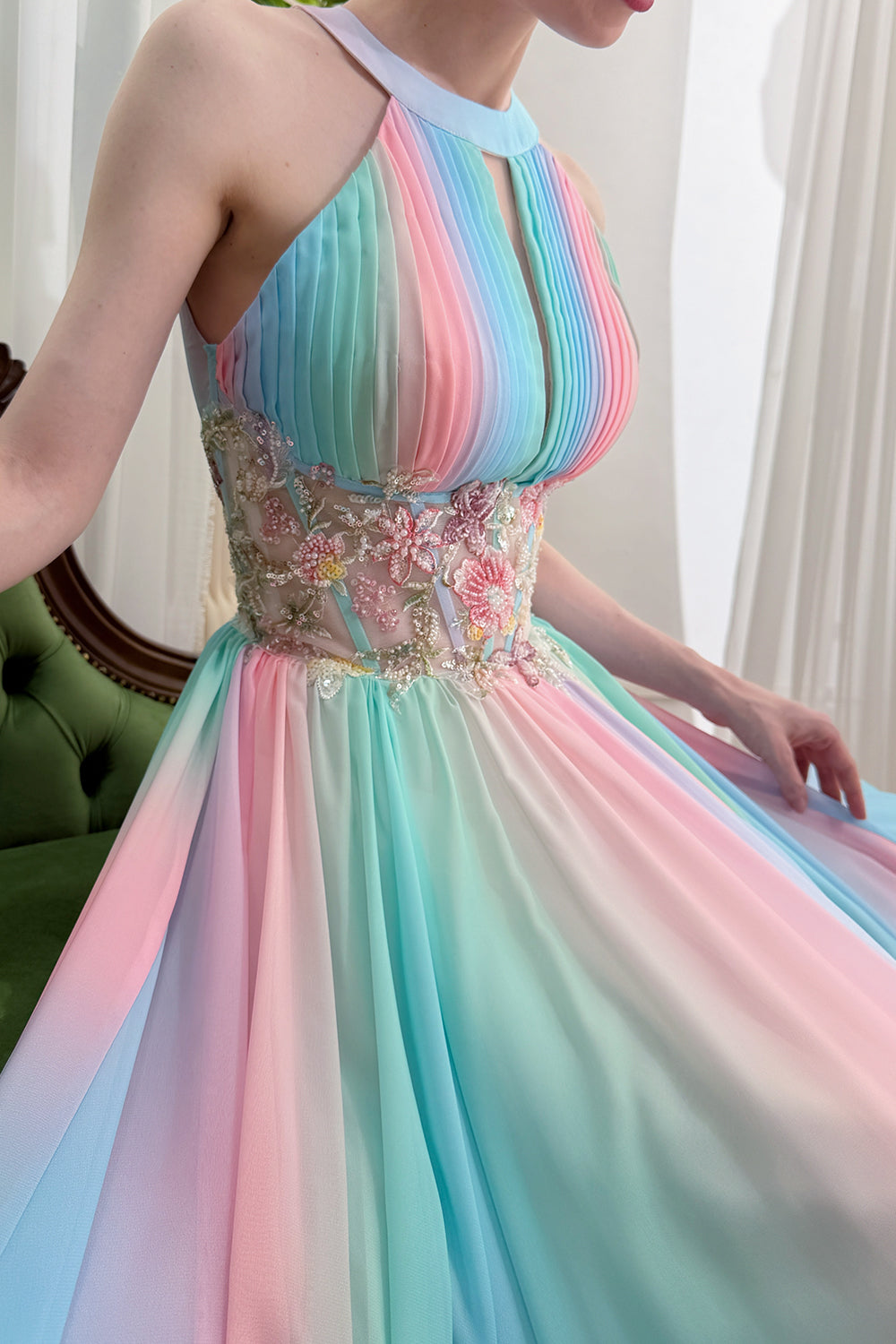 Pastel Rainbow Chiffon Halter Prom Dress with Floral Corset Halter Formal Evening Gown Pastel Rainbow / Floor Length / US2
