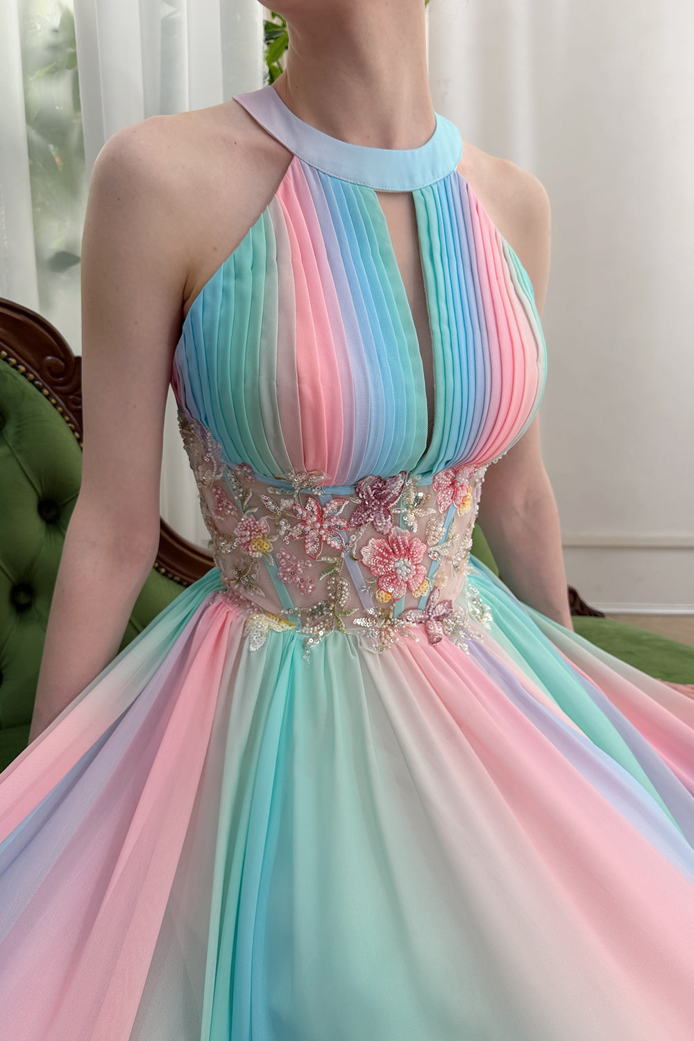 Pastel Rainbow Chiffon Halter Prom Dress with Floral Corset Halter Formal Evening Gown Pastel Rainbow / Floor Length / US2