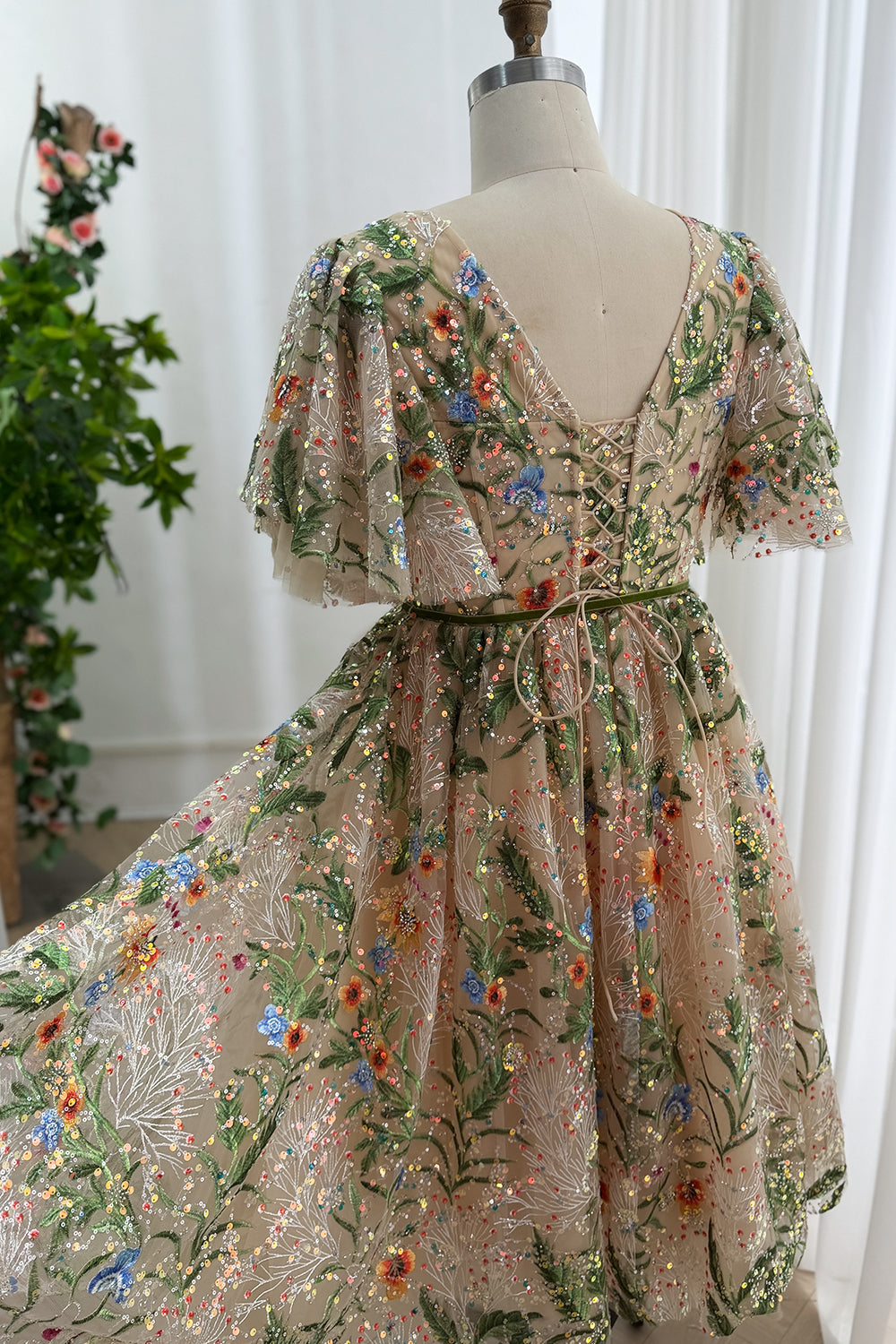 Wildflower Sequin Tulle Dress with Flutter Sleeves