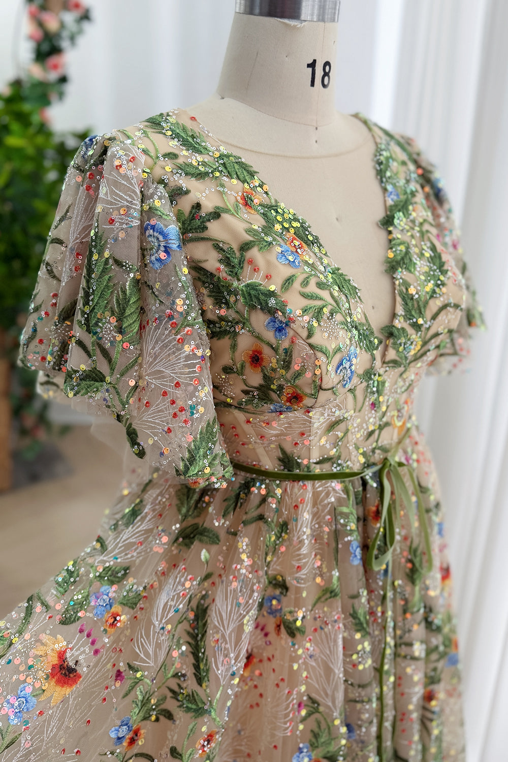 Wildflower Sequin Tulle Dress with Flutter Sleeves