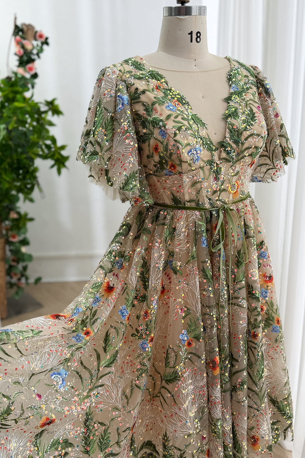 Wildflower Sequin Tulle Dress with Flutter Sleeves