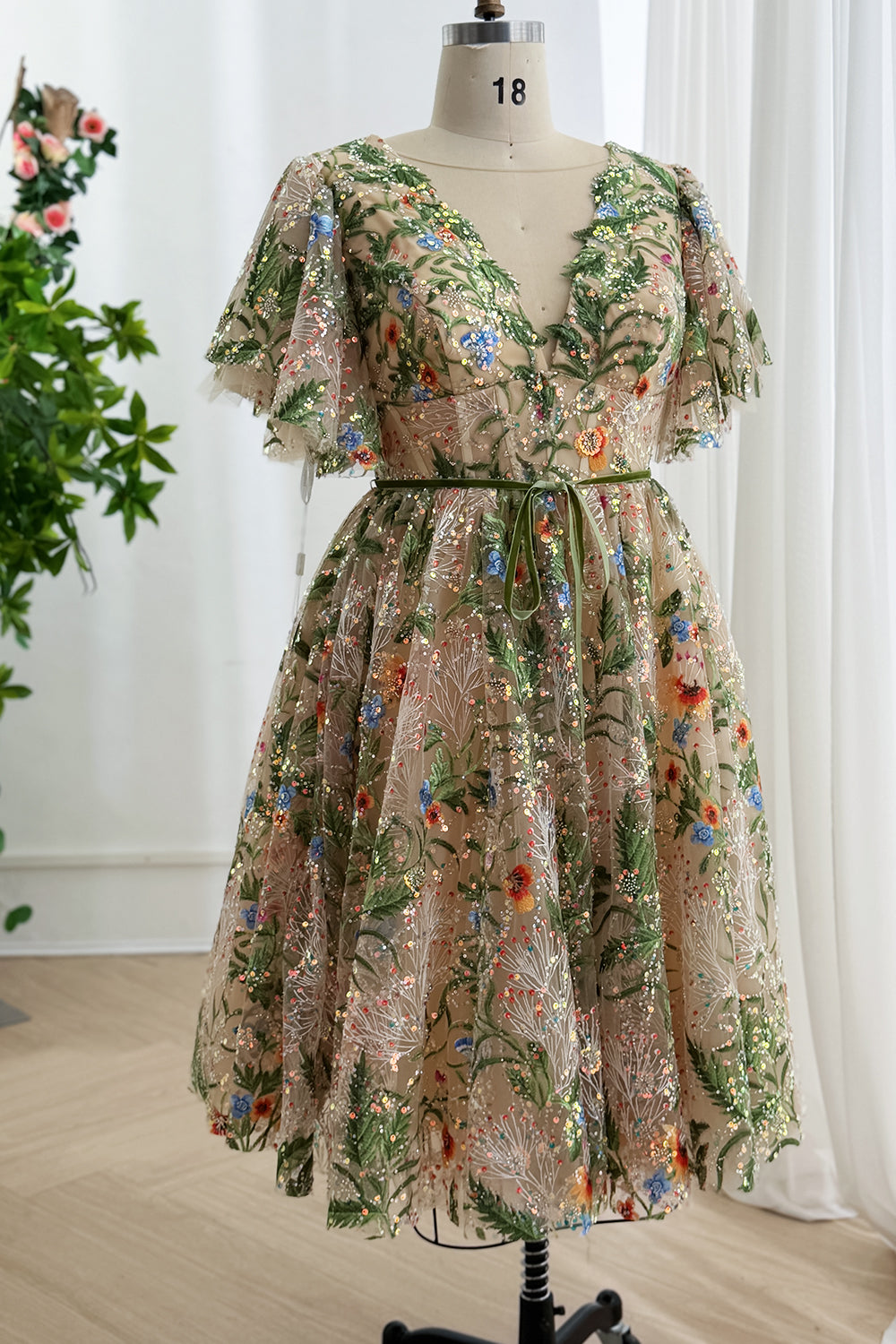 Wildflower Sequin Tulle Dress with Flutter Sleeves
