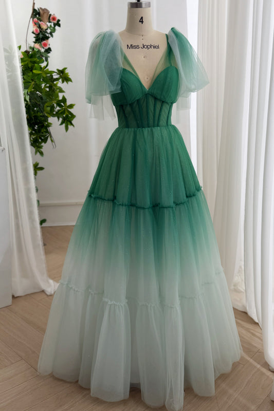 Full-length mint ombre princess dress with tiered skirts, soft sparkle mesh, sheer sleeves, romantic fairytale shoots online.