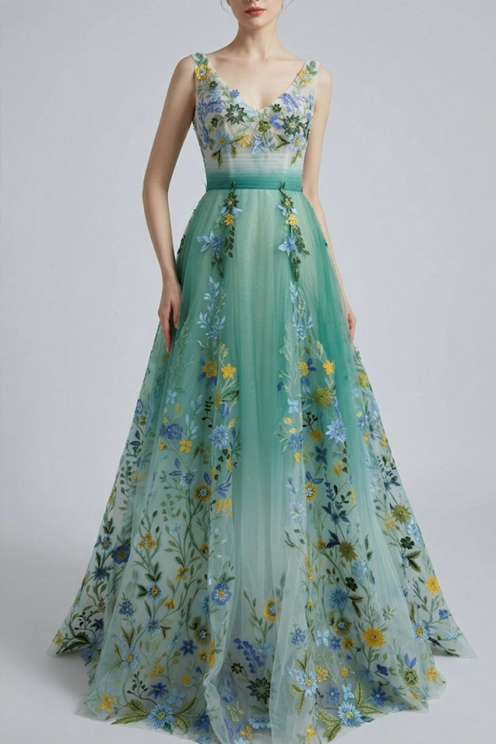 Green Ombré Floral Embroidered Tulle Gown