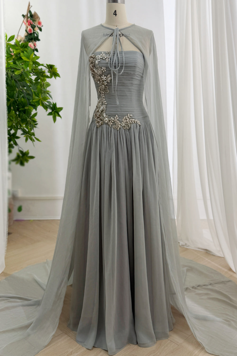 Elegant Silver A Line Evening Gown with Beaded Embroidery and Matching Chiffon Cape