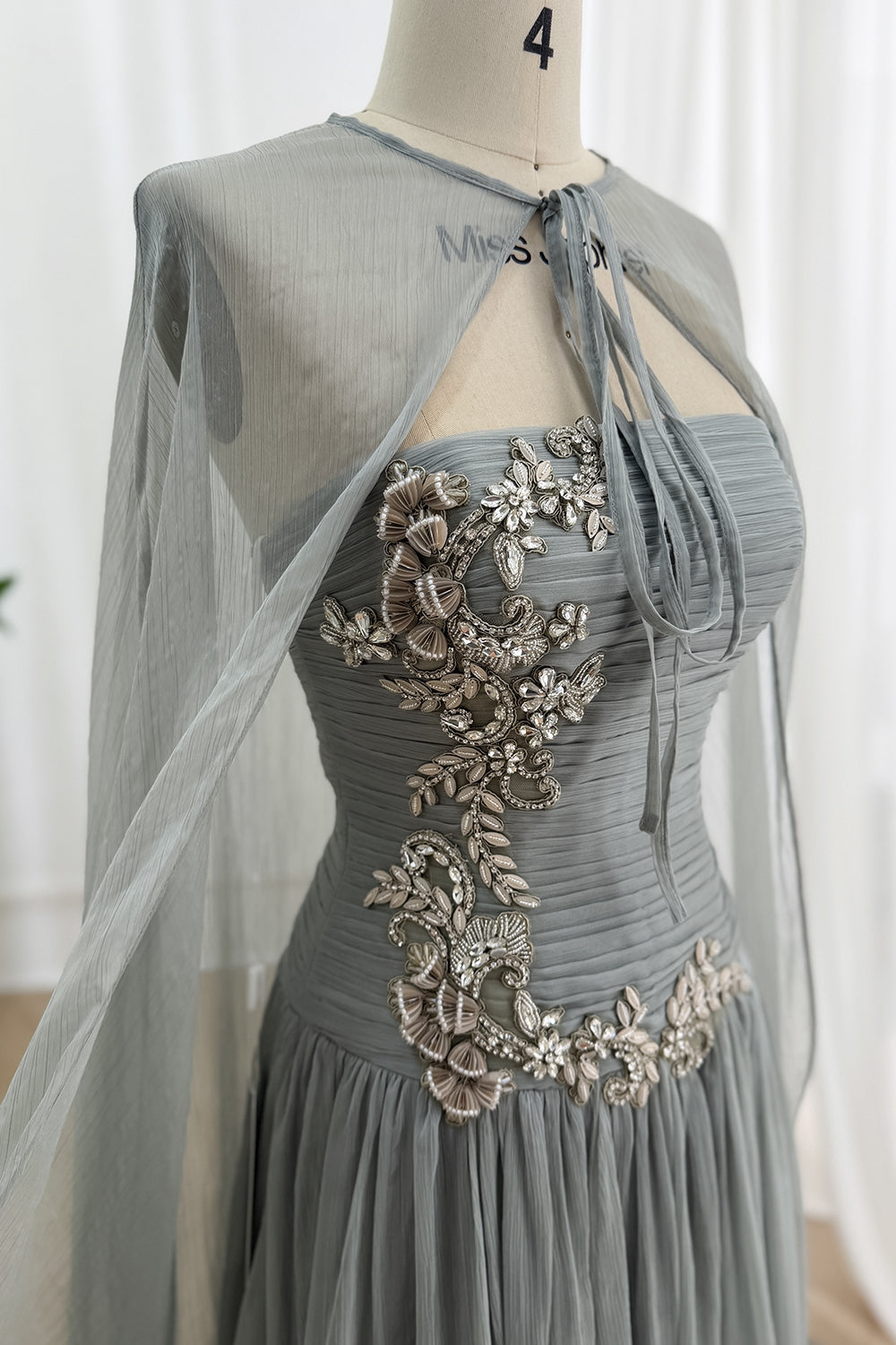 Elegant Silver A Line Evening Gown with Beaded Embroidery and Matching Chiffon Cape