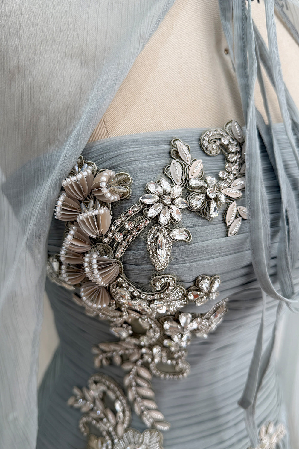 Elegant Silver A Line Evening Gown with Beaded Embroidery and Matching Chiffon Cape
