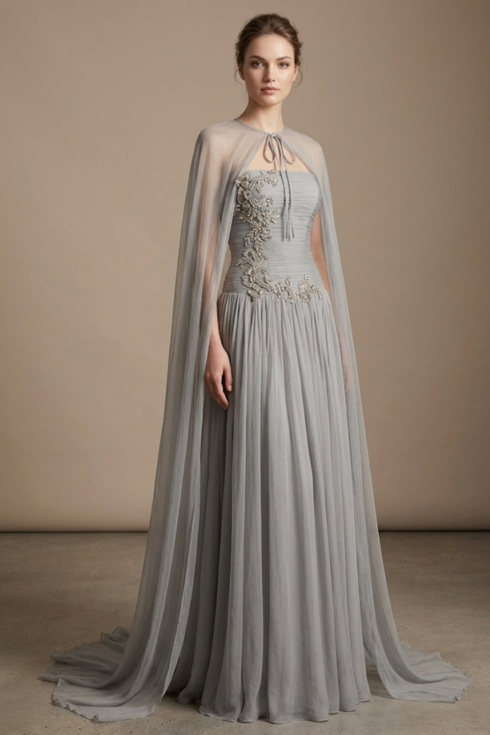 Elegant Silver A Line Evening Gown with Beaded Embroidery and Matching Chiffon Cape