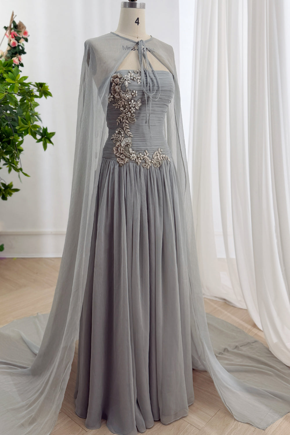 MissJophiel Elegant Silver A Line Evening Gown with Beaded Embroidery and Matching Chiffon Cape