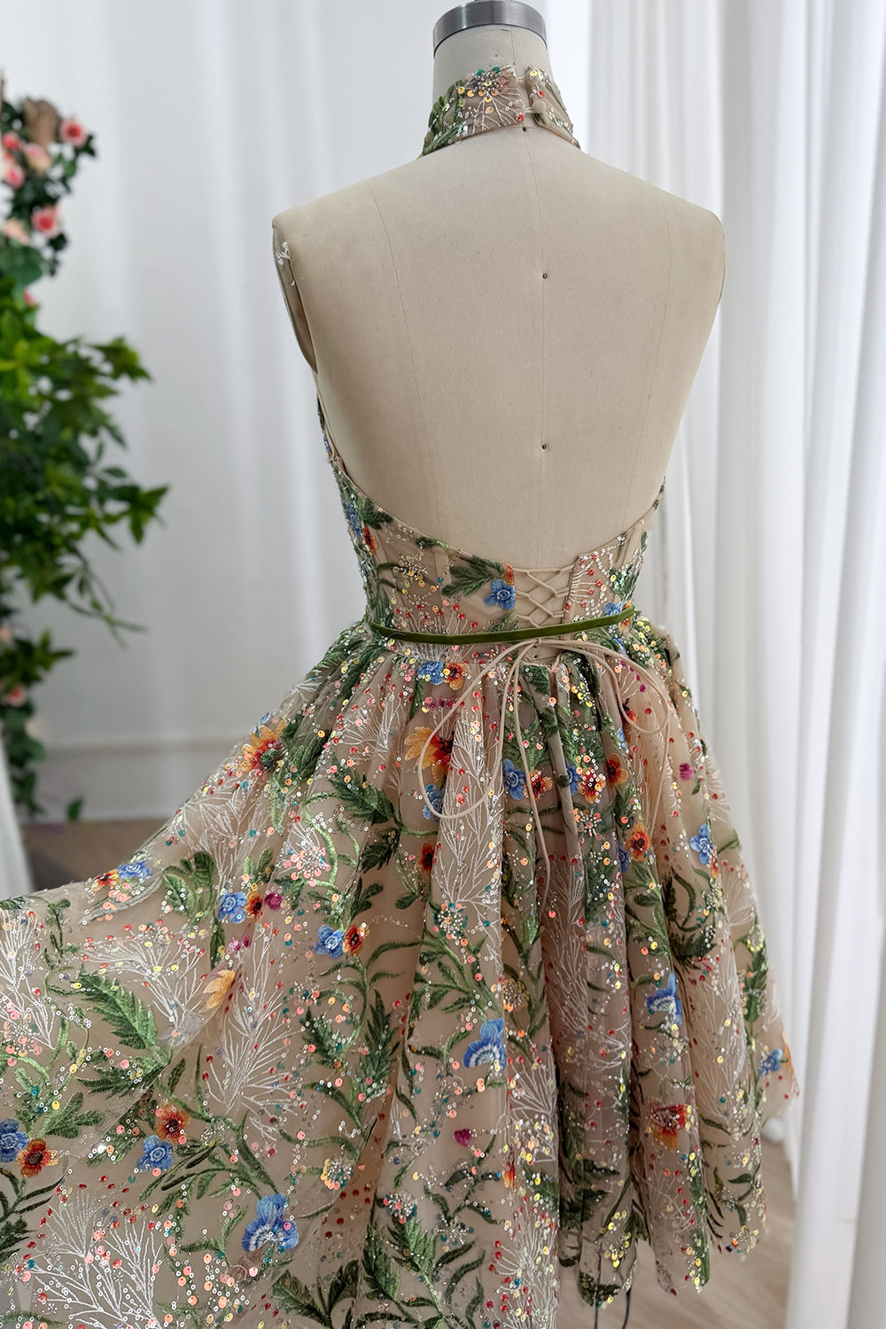 Garden Embroidered Sequin Tulle Short Dress with Lace-Up Back