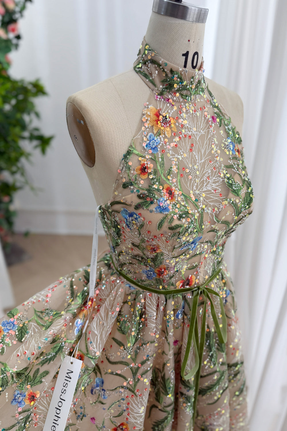 Garden Embroidered Sequin Tulle Short Dress with Lace-Up Back